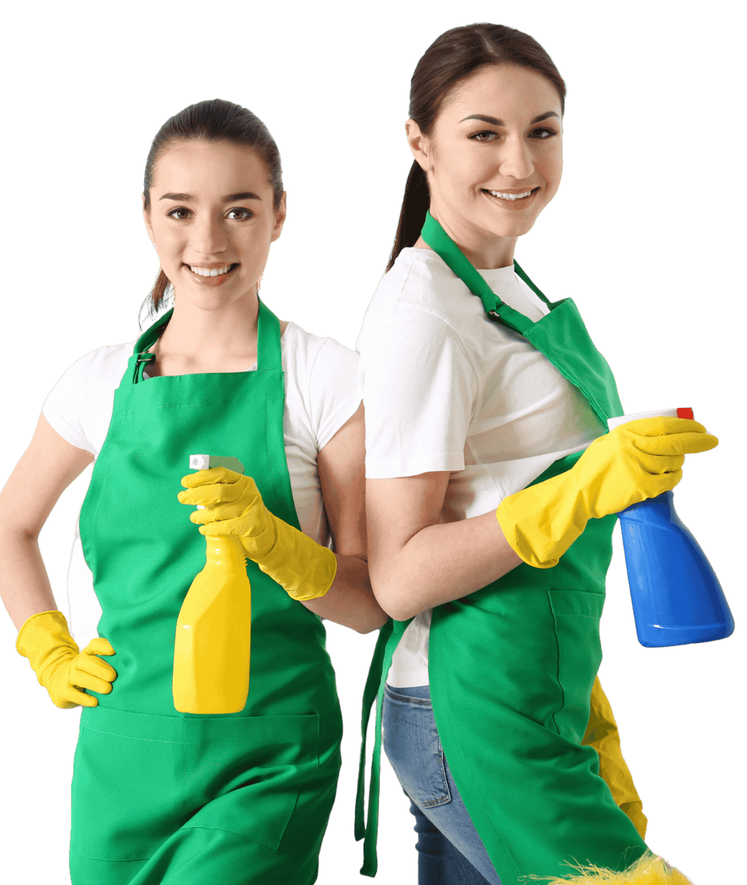 Zwei Reinigungskräfte stehen Rücken an Rücken mit Reinigungsprodukten für professionelle Reinigungsservices in Konstanz